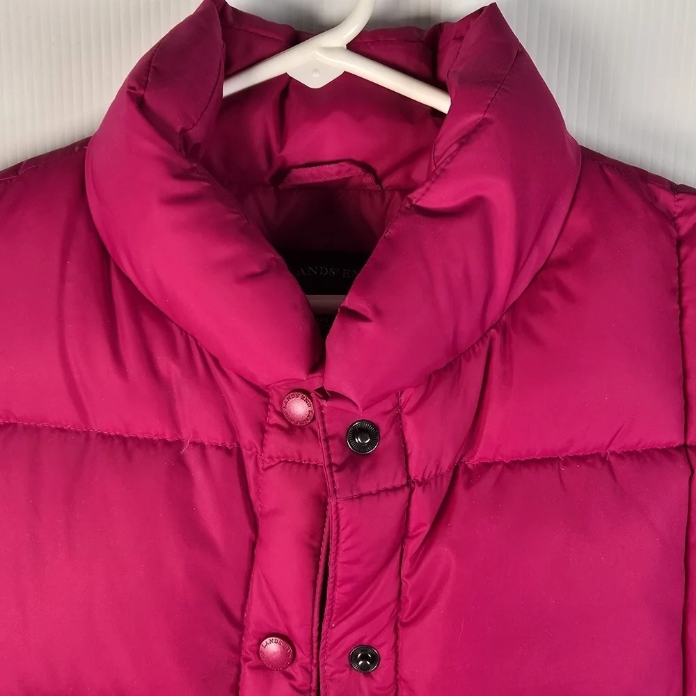NWOT Lands' End Womens Goose Down Puffer Vest Fuchsia Pink Snap-Button Close L